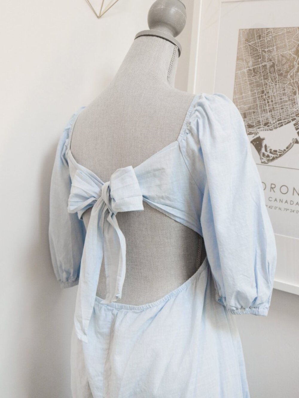 SHEIN Blue Cotton Peasant Style Babydoll Dress w/ Open Bowtie Back & Puff Sleeve - Picture 6 of 9